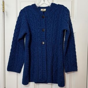 Carraig Donn Blue 100% Merino Wool Cable Knit Cardigan Irish Womens Size Medium